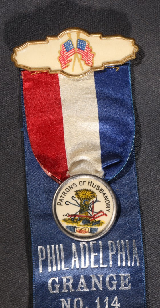 Lot 079 - Antique Patrons Of Husbandry Philadelphia Grange No. 114 Philadelphia, New York, Double-Sided Ribbon With Membership And "In Memoriam" Mourning Sides