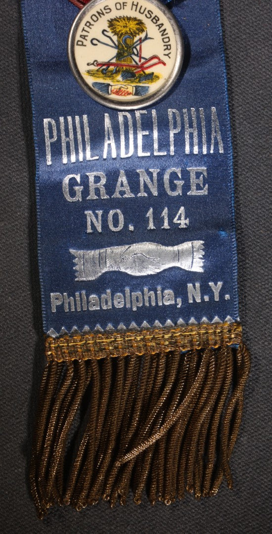 Lot 079 - Antique Patrons Of Husbandry Philadelphia Grange No. 114 Philadelphia, New York, Double-Sided Ribbon With Membership And "In Memoriam" Mourning Sides