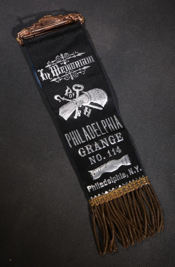 Lot 079 - Antique Patrons Of Husbandry Philadelphia Grange No. 114 Philadelphia, New York, Double-Sided Ribbon With Membership And "In Memoriam" Mourning Sides