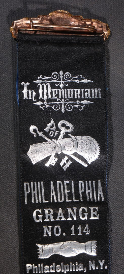 Lot 079 - Antique Patrons Of Husbandry Philadelphia Grange No. 114 Philadelphia, New York, Double-Sided Ribbon With Membership And "In Memoriam" Mourning Sides