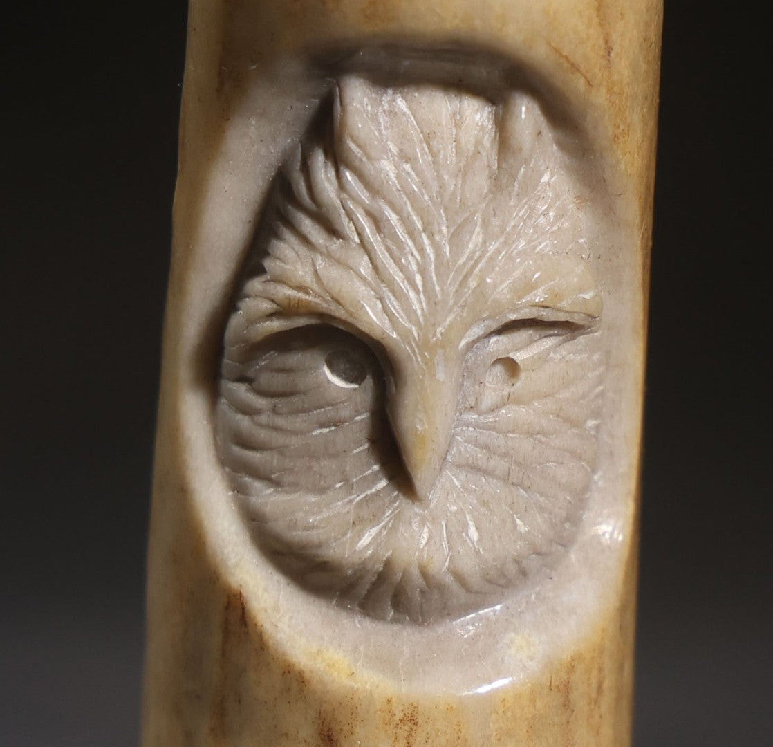 Lot 080 - Vintage Carved Antler Pendant With Owl Face In Relief