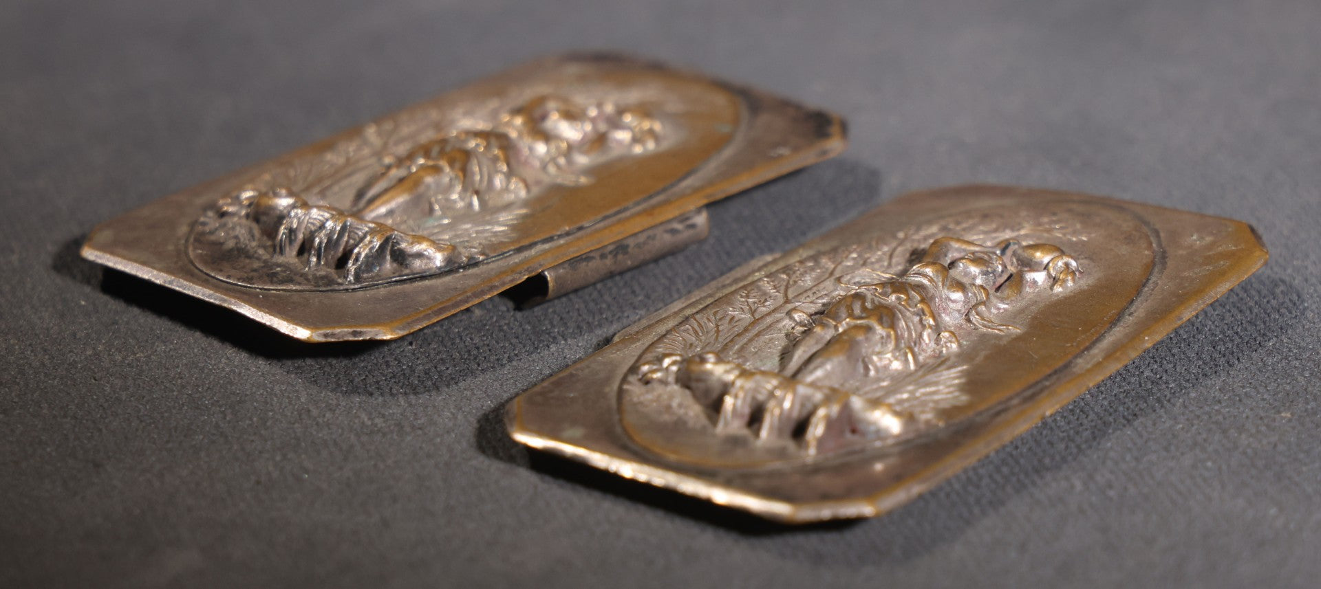 Lot 081 - Antique Silver-Plated Two-Piece Belt Buckle With Embossed Figural Woman Carrying Water Jug In Garden Setting