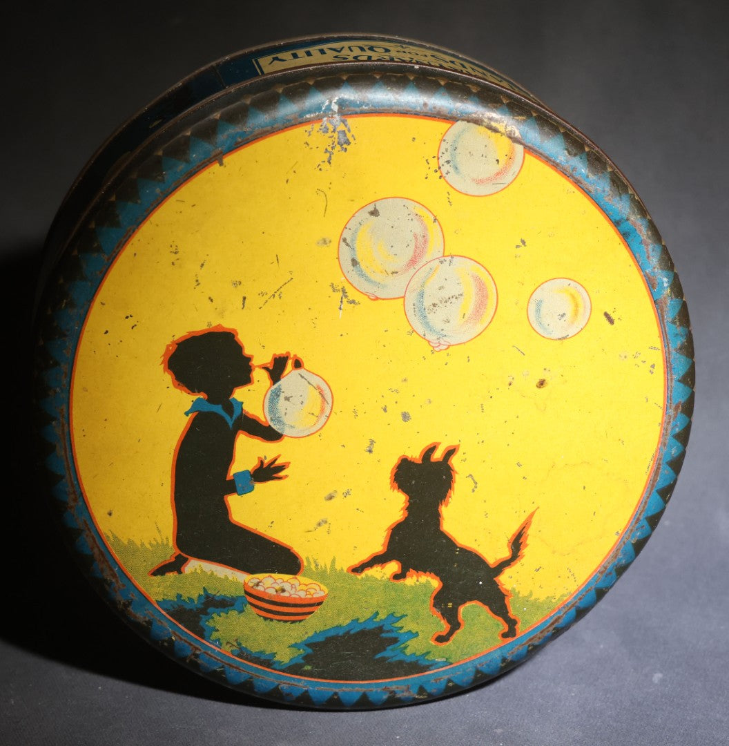 Lot 085 - Antique Maynards "Stands For Quality" Tin Lithograph Candy Tin With Silhouette Graphics Of Child Blowing Bubbles With Dog