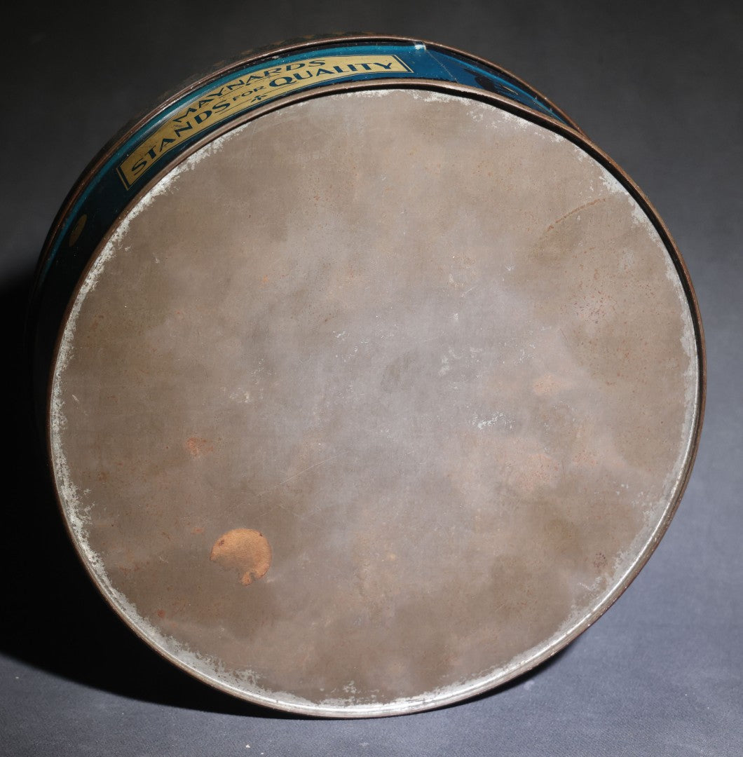 Lot 085 - Antique Maynards "Stands For Quality" Tin Lithograph Candy Tin With Silhouette Graphics Of Child Blowing Bubbles With Dog