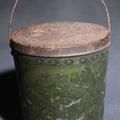 Lot 086 - Antique Schepp's Cocoanut Lithographed Tin Pail With Embossed Lid, Tropical Scene With Monkey, Palm Trees, And Sailing Ship, Note Graphic Loss, 4-5/8" H