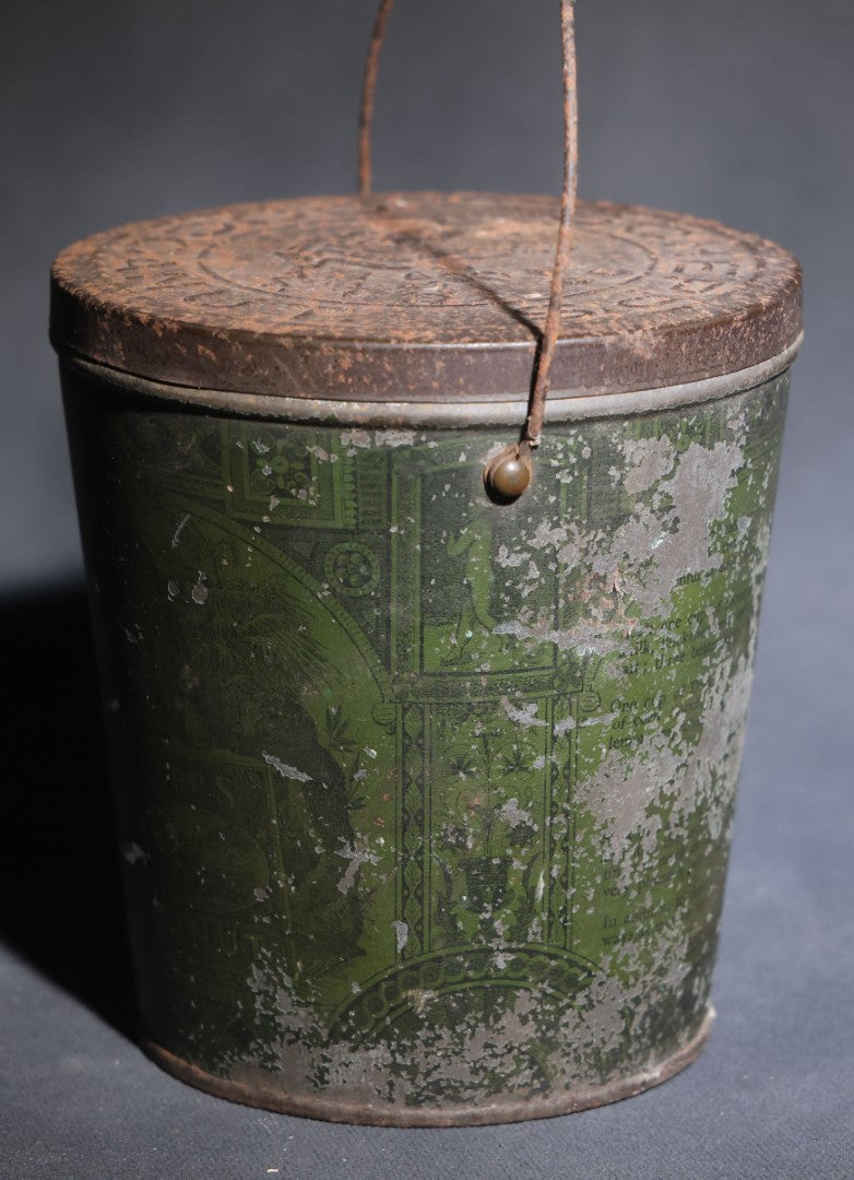Lot 086 - Antique Schepp's Cocoanut Lithographed Tin Pail With Embossed Lid, Tropical Scene With Monkey, Palm Trees, And Sailing Ship, Note Graphic Loss