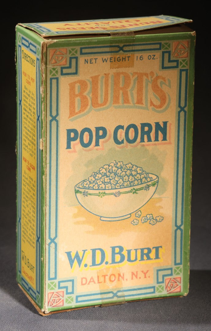 Lot 087 - Antique Burt's Pop Corn 16 Oz. Box With Bowl Of Popcorn Graphic And Directions, W.D. Burt, Dalton, New York, Printed By Genesee Valley Lithograph Co., Rochester, New York