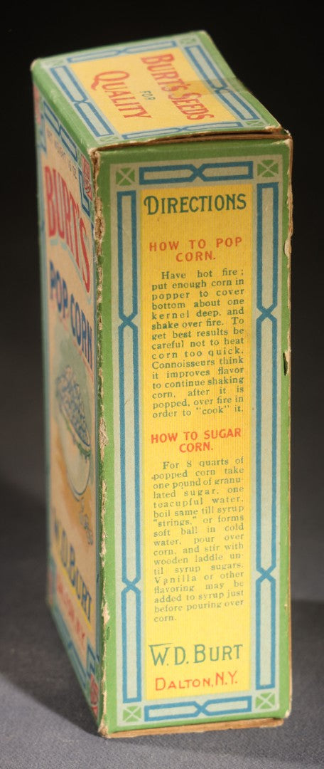 Lot 087 - Antique Burt's Pop Corn 16 Oz. Box With Bowl Of Popcorn Graphic And Directions, W.D. Burt, Dalton, New York, Printed By Genesee Valley Lithograph Co., Rochester, New York