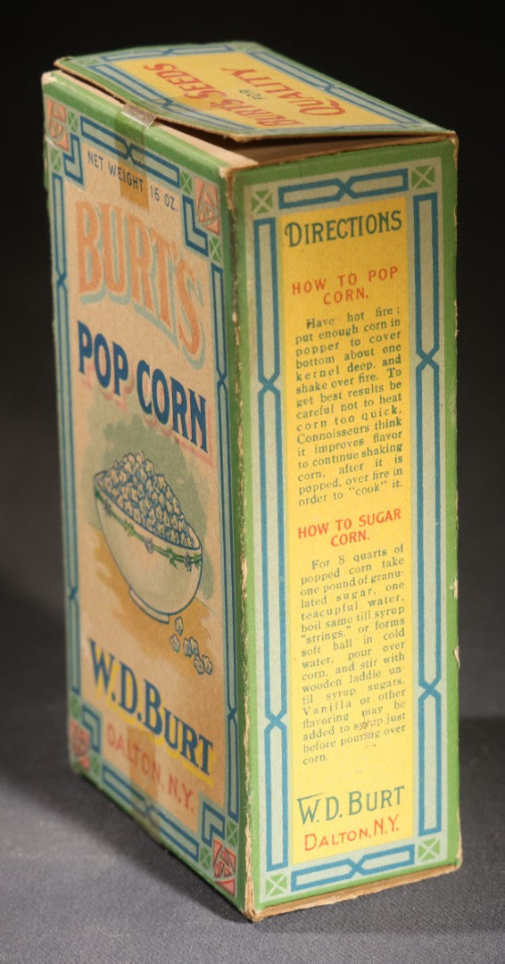 Lot 087 - Antique Burt's Pop Corn 16 Oz. Box With Bowl Of Popcorn Graphic And Directions, W.D. Burt, Dalton, New York, Printed By Genesee Valley Lithograph Co., Rochester, New York