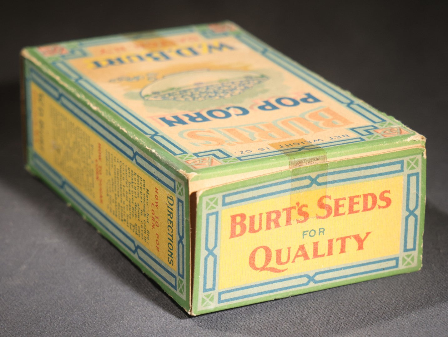 Lot 087 - Antique Burt's Pop Corn 16 Oz. Box With Bowl Of Popcorn Graphic And Directions, W.D. Burt, Dalton, New York, Printed By Genesee Valley Lithograph Co., Rochester, New York