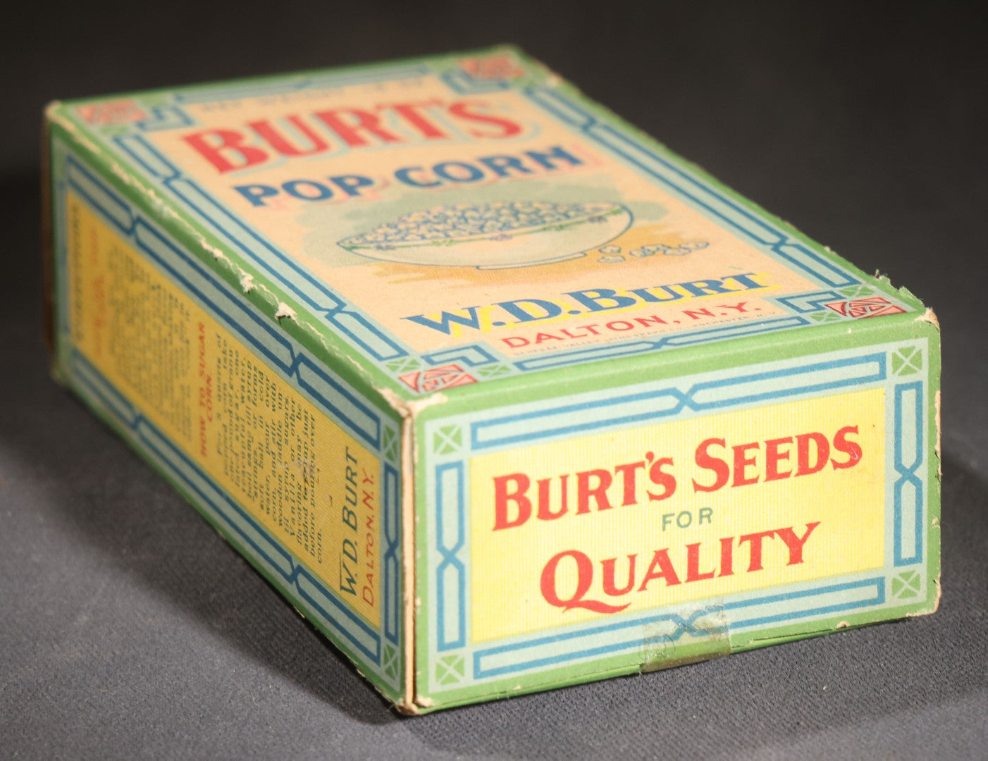 Lot 087 - Antique Burt's Pop Corn 16 Oz. Box With Bowl Of Popcorn Graphic And Directions, W.D. Burt, Dalton, New York, Printed By Genesee Valley Lithograph Co., Rochester, New York