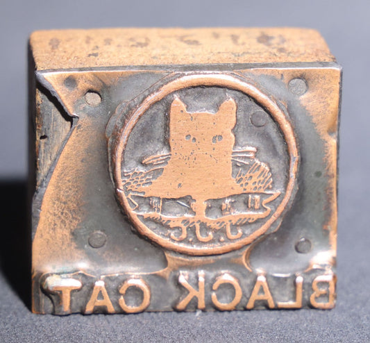 Lot 088 - Antique "Black Cat" Advertising Letterpress Printing Block, Copper On Wood, Cat In Circle, Numbered 2887