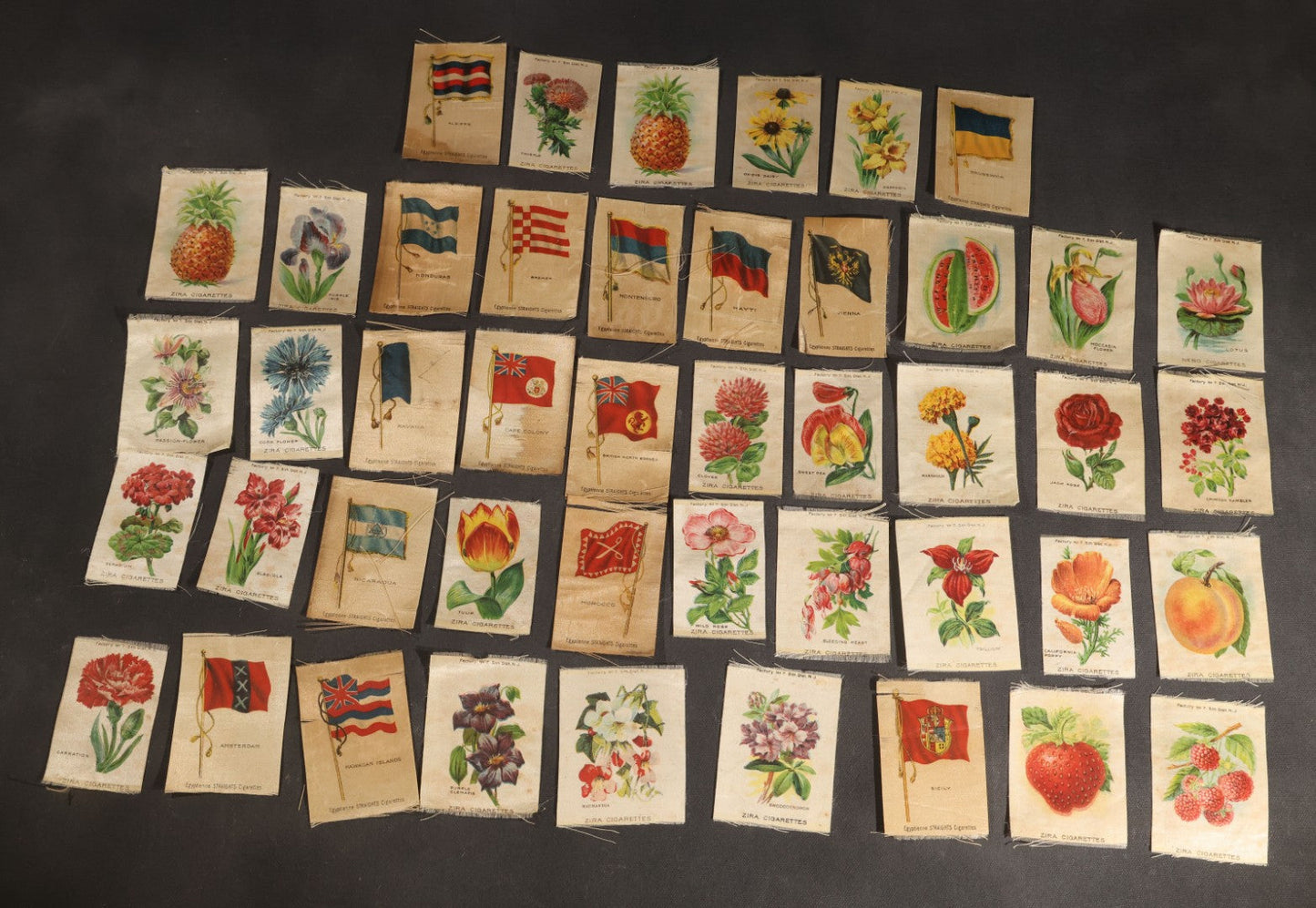 Lot 092 - Grouping Of 45 Antique Cigarette Tobacco Silk Premiums, Flowers, Fruits, And Flags, Zira Cigarettes, Nebo Cigarettes, And Egyptienne Straights Cigarettes, Factory No. 7, 5th District, New Jersey