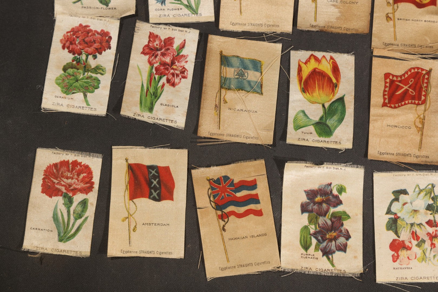 Lot 092 - Grouping Of 45 Antique Cigarette Tobacco Silk Premiums, Flowers, Fruits, And Flags, Zira Cigarettes, Nebo Cigarettes, And Egyptienne Straights Cigarettes, Factory No. 7, 5th District, New Jersey