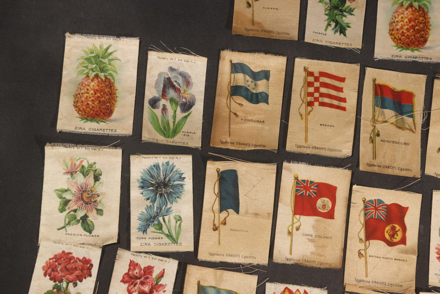 Lot 092 - Grouping Of 45 Antique Cigarette Tobacco Silk Premiums, Flowers, Fruits, And Flags, Zira Cigarettes, Nebo Cigarettes, And Egyptienne Straights Cigarettes, Factory No. 7, 5th District, New Jersey