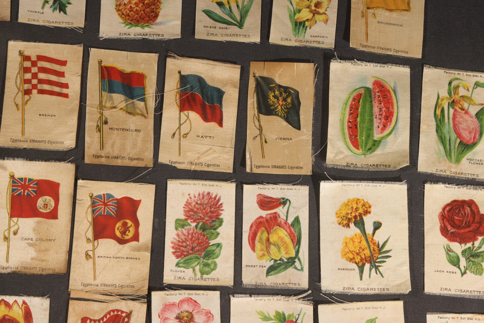 Lot 092 - Grouping Of 45 Antique Cigarette Tobacco Silk Premiums, Flowers, Fruits, And Flags, Zira Cigarettes, Nebo Cigarettes, And Egyptienne Straights Cigarettes, Factory No. 7, 5th District, New Jersey