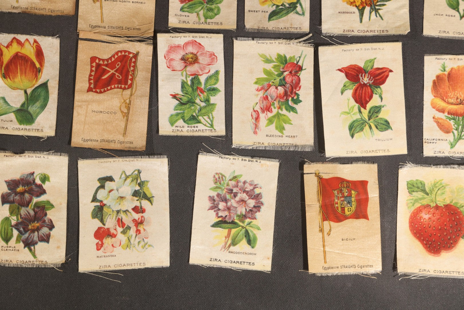 Lot 092 - Grouping Of 45 Antique Cigarette Tobacco Silk Premiums, Flowers, Fruits, And Flags, Zira Cigarettes, Nebo Cigarettes, And Egyptienne Straights Cigarettes, Factory No. 7, 5th District, New Jersey