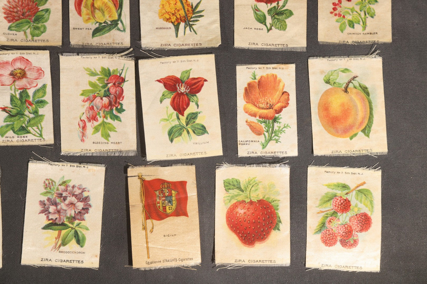Lot 092 - Grouping Of 45 Antique Cigarette Tobacco Silk Premiums, Flowers, Fruits, And Flags, Zira Cigarettes, Nebo Cigarettes, And Egyptienne Straights Cigarettes, Factory No. 7, 5th District, New Jersey