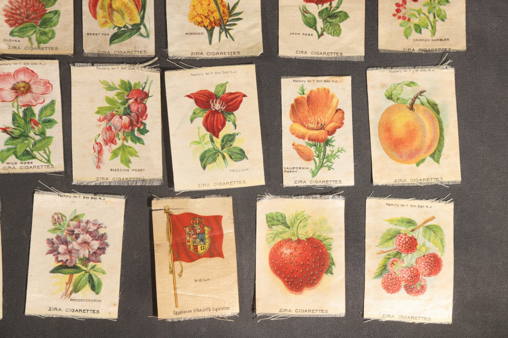 Lot 092 - Grouping Of 45 Antique Cigarette Tobacco Silk Premiums, Flowers, Fruits, And Flags, Zira Cigarettes, Nebo Cigarettes, And Egyptienne Straights Cigarettes, Factory No. 7, 5th District, New Jersey