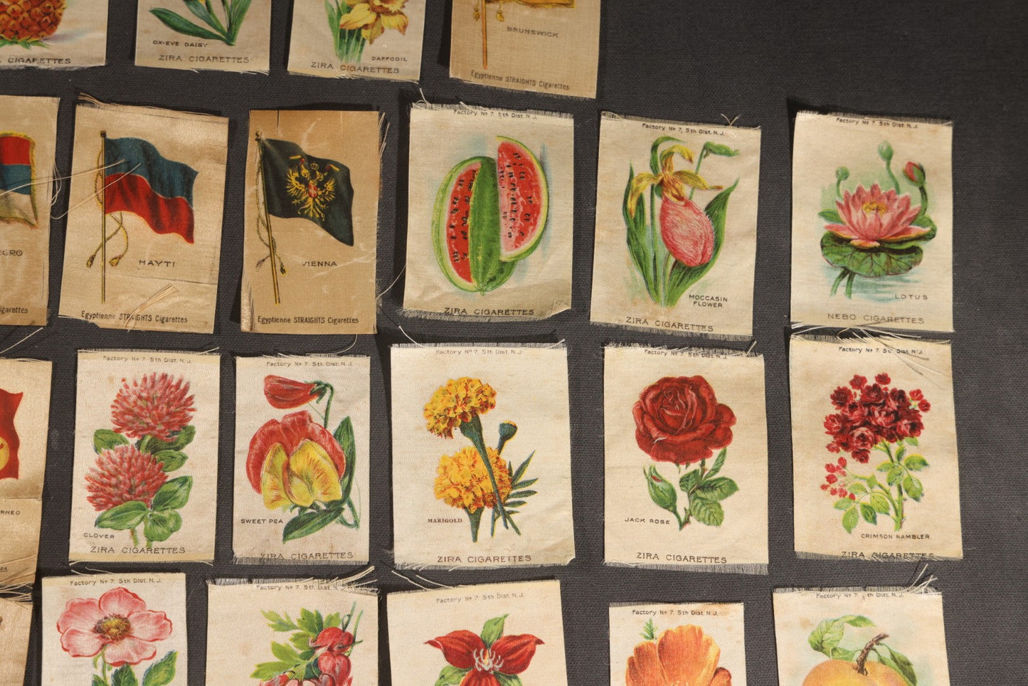 Lot 092 - Grouping Of 45 Antique Cigarette Tobacco Silk Premiums, Flowers, Fruits, And Flags, Zira Cigarettes, Nebo Cigarettes, And Egyptienne Straights Cigarettes, Factory No. 7, 5th District, New Jersey