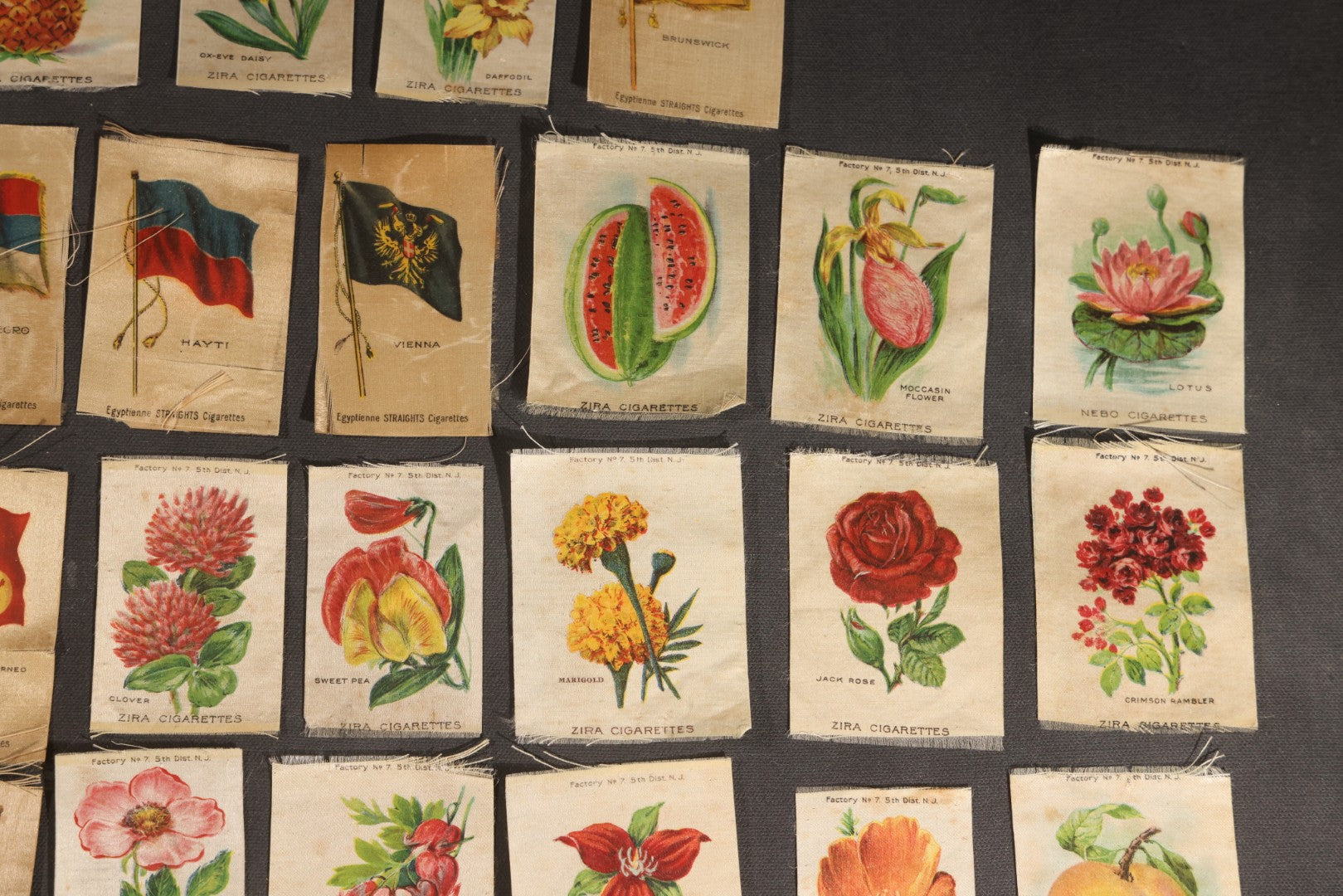 Lot 092 - Grouping Of 45 Antique Cigarette Tobacco Silk Premiums, Flowers, Fruits, And Flags, Zira Cigarettes, Nebo Cigarettes, And Egyptienne Straights Cigarettes, Factory No. 7, 5th District, New Jersey