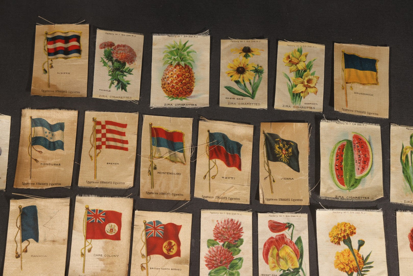 Lot 092 - Grouping Of 45 Antique Cigarette Tobacco Silk Premiums, Flowers, Fruits, And Flags, Zira Cigarettes, Nebo Cigarettes, And Egyptienne Straights Cigarettes, Factory No. 7, 5th District, New Jersey