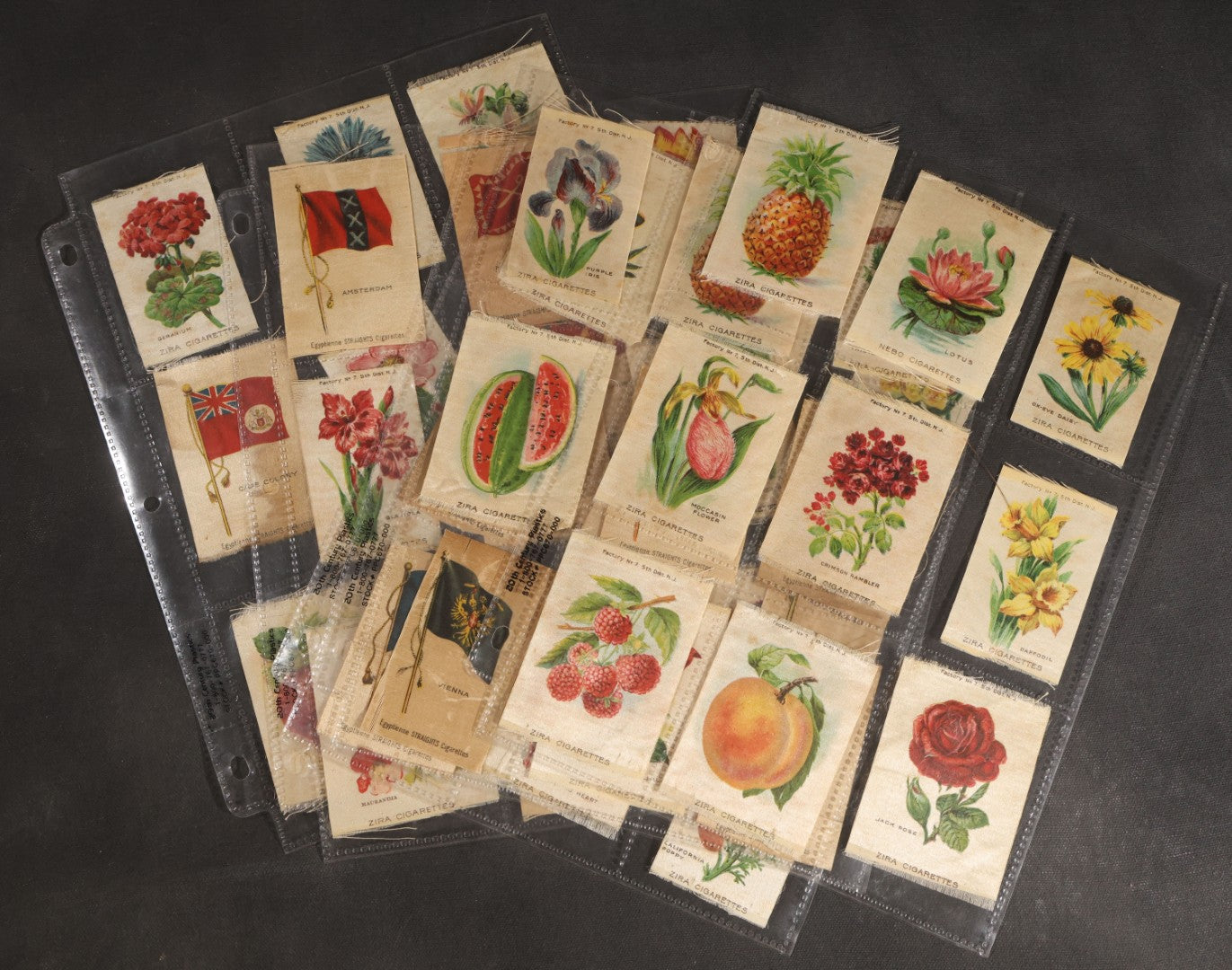 Lot 092 - Grouping Of 45 Antique Cigarette Tobacco Silk Premiums, Flowers, Fruits, And Flags, Zira Cigarettes, Nebo Cigarettes, And Egyptienne Straights Cigarettes, Factory No. 7, 5th District, New Jersey