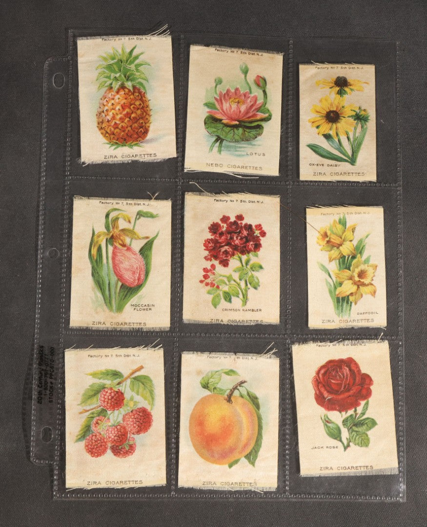 Lot 092 - Grouping Of 45 Antique Cigarette Tobacco Silk Premiums, Flowers, Fruits, And Flags, Zira Cigarettes, Nebo Cigarettes, And Egyptienne Straights Cigarettes, Factory No. 7, 5th District, New Jersey
