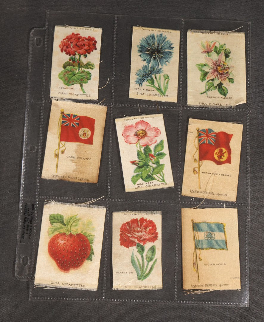 Lot 092 - Grouping Of 45 Antique Cigarette Tobacco Silk Premiums, Flowers, Fruits, And Flags, Zira Cigarettes, Nebo Cigarettes, And Egyptienne Straights Cigarettes, Factory No. 7, 5th District, New Jersey
