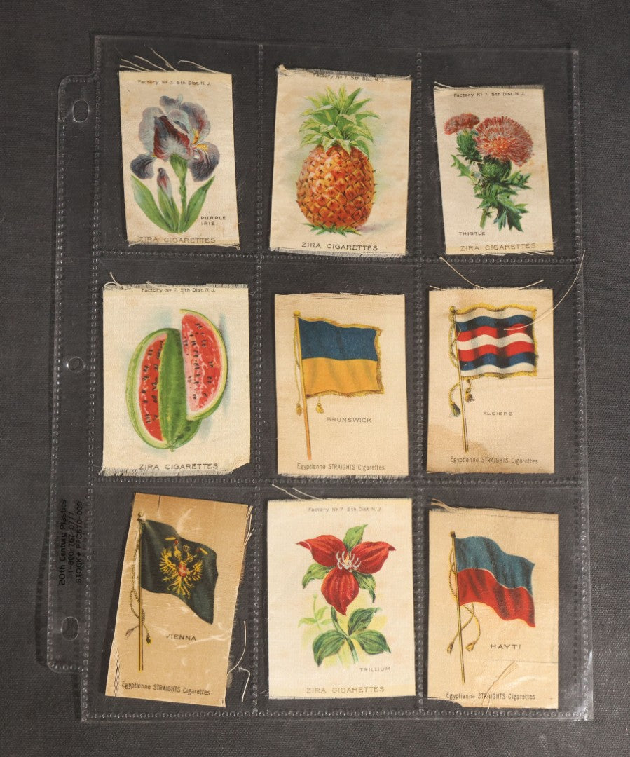 Lot 092 - Grouping Of 45 Antique Cigarette Tobacco Silk Premiums, Flowers, Fruits, And Flags, Zira Cigarettes, Nebo Cigarettes, And Egyptienne Straights Cigarettes, Factory No. 7, 5th District, New Jersey