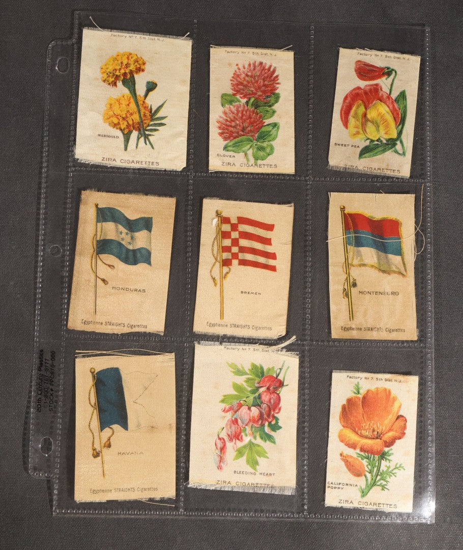 Lot 092 - Grouping Of 45 Antique Cigarette Tobacco Silk Premiums, Flowers, Fruits, And Flags, Zira Cigarettes, Nebo Cigarettes, And Egyptienne Straights Cigarettes, Factory No. 7, 5th District, New Jersey