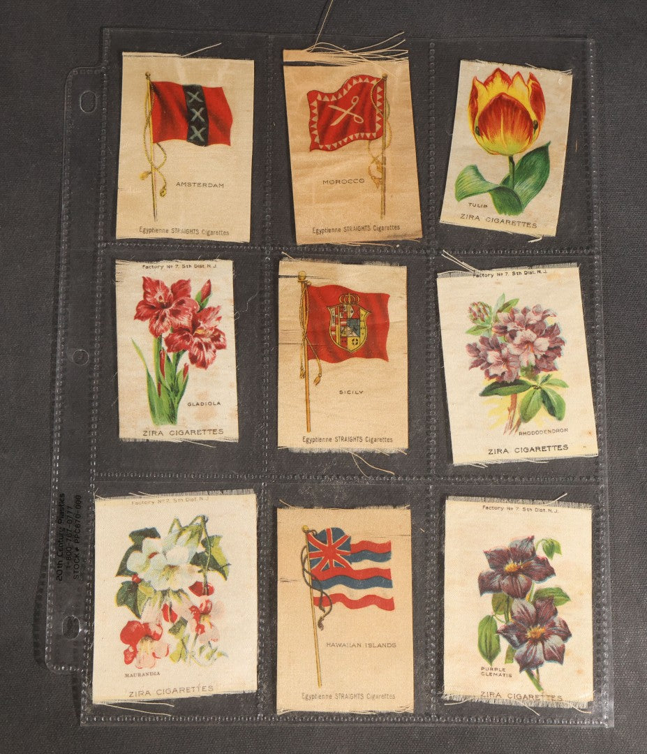 Lot 092 - Grouping Of 45 Antique Cigarette Tobacco Silk Premiums, Flowers, Fruits, And Flags, Zira Cigarettes, Nebo Cigarettes, And Egyptienne Straights Cigarettes, Factory No. 7, 5th District, New Jersey