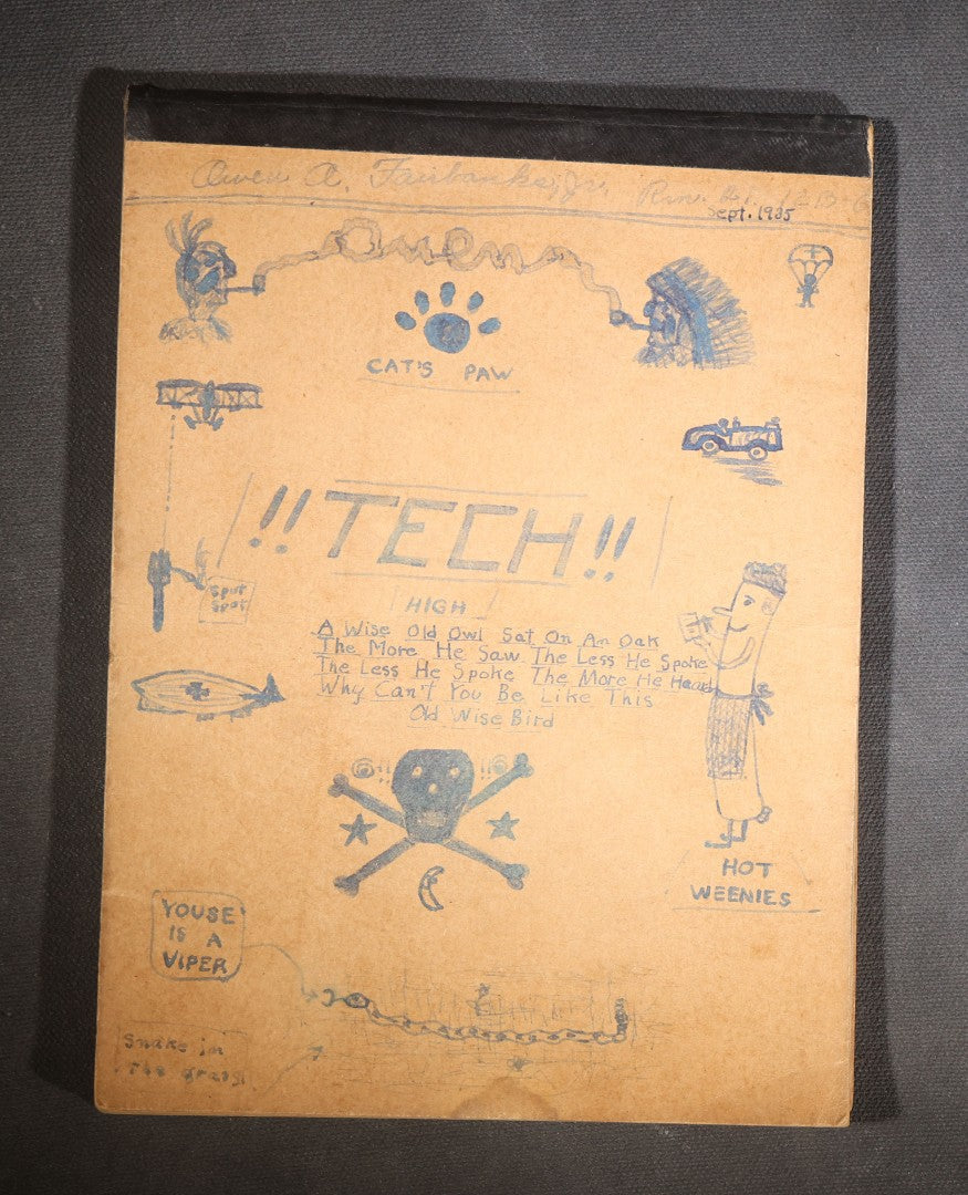 Lot 095 - Vintage Hand-Illustrated School Notebook, Owen A. Fairbanks Jr., "!!Tech!! High," Dated September 1935, Doodles Including Skull & Crossbones And Anthropomorphic Hot Dog Weenie, Poems, And Humorous Writings