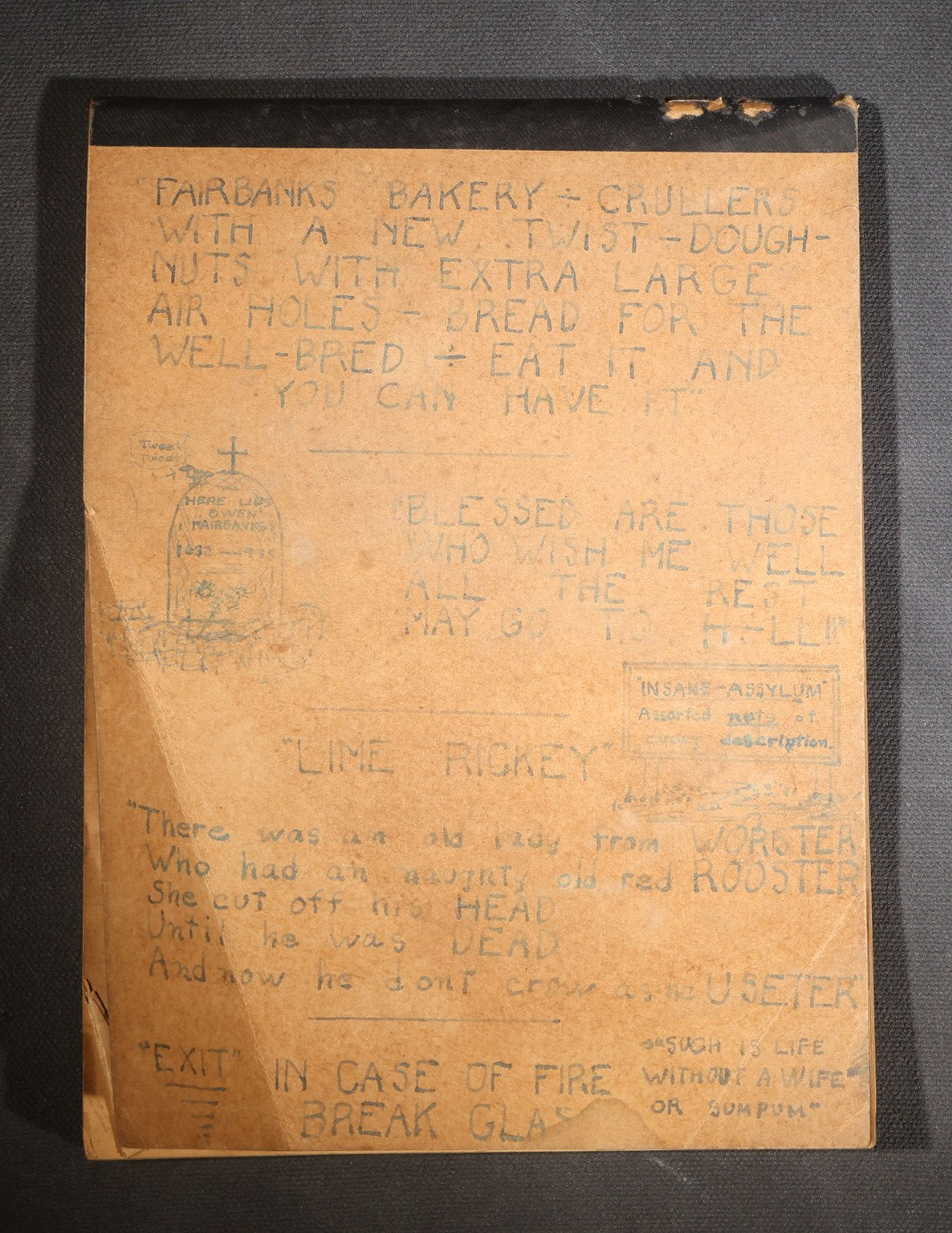 Lot 095 - Vintage Hand-Illustrated School Notebook, Owen A. Fairbanks Jr., "!!Tech!! High," Dated September 1935, Doodles Including Skull & Crossbones And Anthropomorphic Hot Dog Weenie, Poems, And Humorous Writings