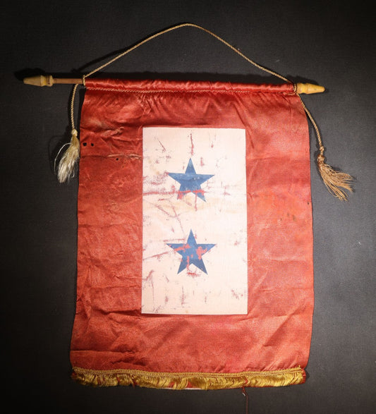 Lot 099 - Vintage Two-Star Blue Star Service Banner With Wooden Rod, Cord, And Tassels, WWII Era