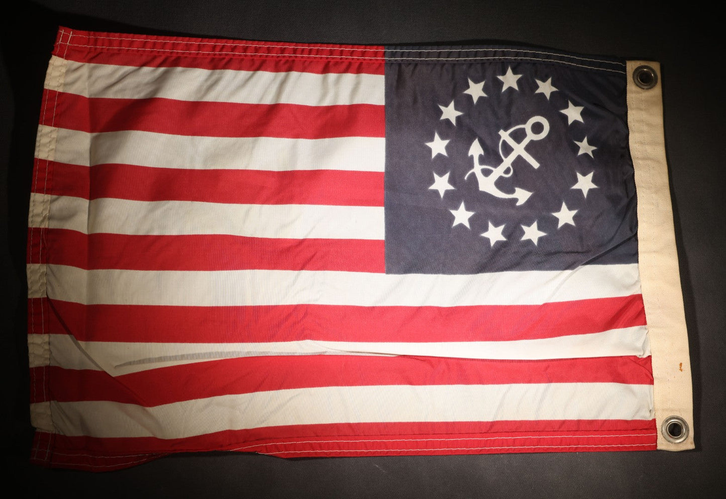 Lot 100 - Vintage United States Yacht Ensign Flag, 13 Stars With Fouled Anchor, Red And White Stripes, Grommeted Canvas Hoist