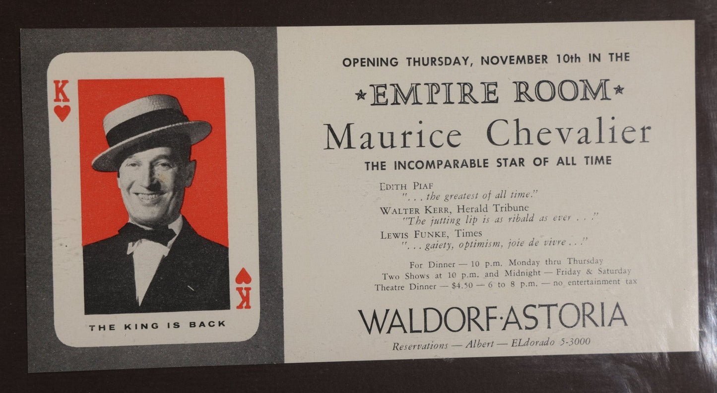 Lot 106 - Vintage Framed Maurice Chevalier Waldorf-Astoria Empire Room Ephemera Display, "The King Is Back" Promotional Card, Show Advertisement, And Signed Autograph Dated 1963