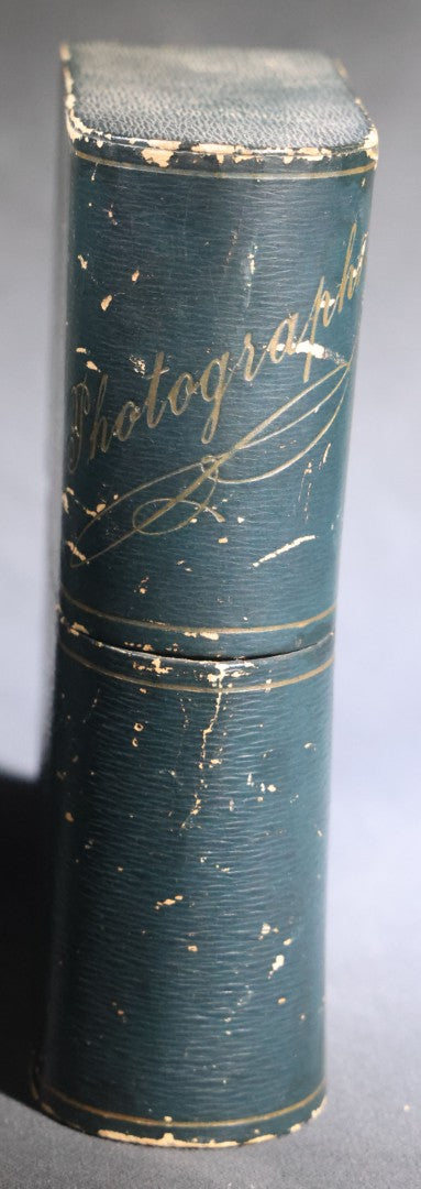 Lot 109 - Antique Green Leatherette-Covered "Photographs" Cabinet Card Book Form Storage Box With Gold-Stamped Lettering And Ruled Lines