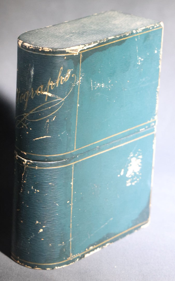 Lot 109 - Antique Green Leatherette-Covered "Photographs" Cabinet Card Book Form Storage Box With Gold-Stamped Lettering And Ruled Lines