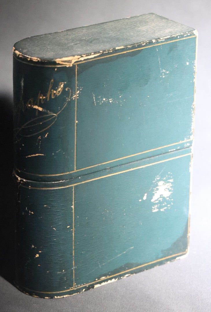 Lot 109 - Antique Green Leatherette-Covered "Photographs" Cabinet Card Book Form Storage Box With Gold-Stamped Lettering And Ruled Lines
