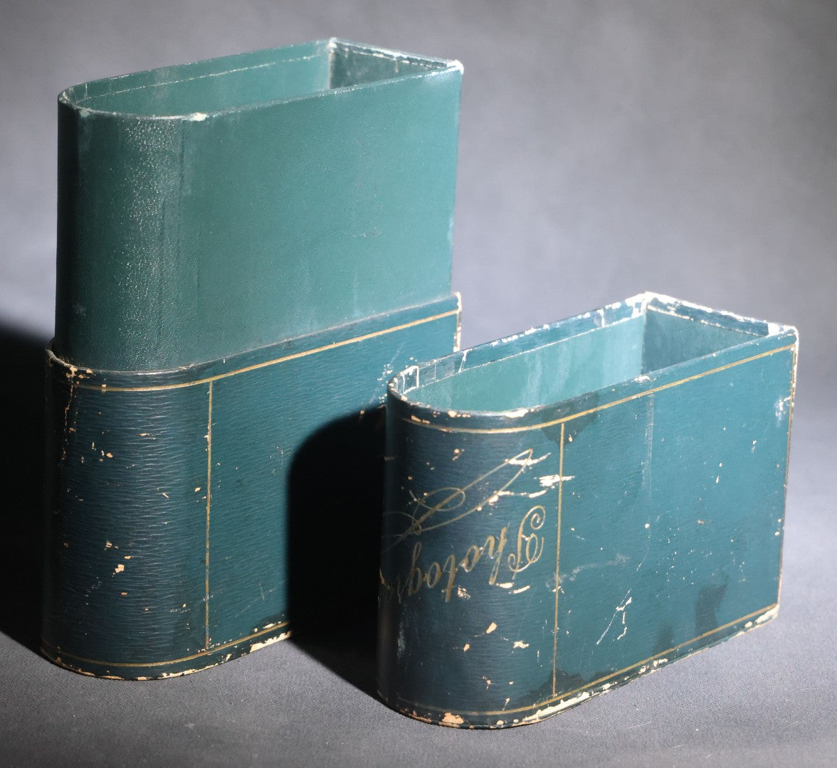 Lot 109 - Antique Green Leatherette-Covered "Photographs" Cabinet Card Book Form Storage Box With Gold-Stamped Lettering And Ruled Lines