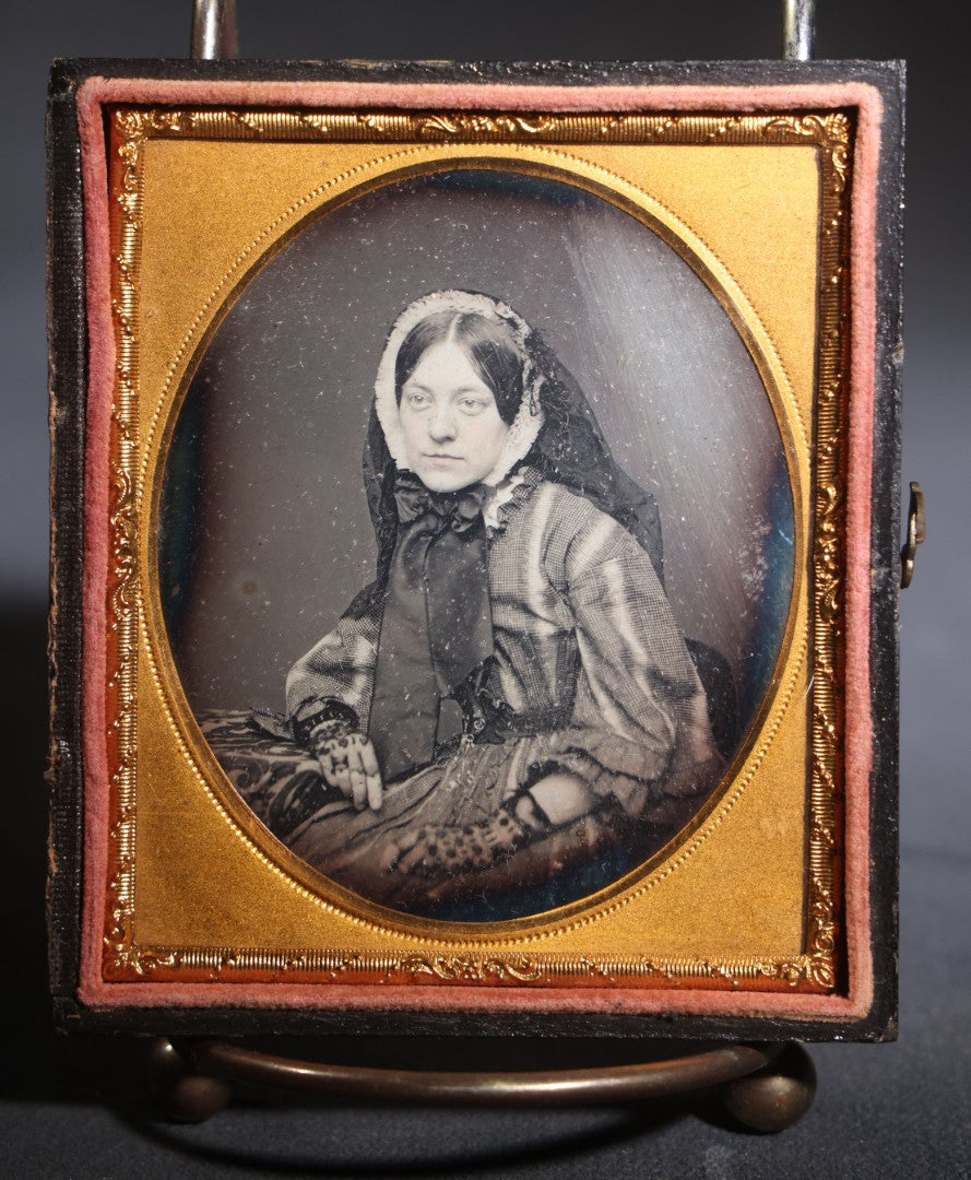 Lot 110 - Antique 1/6th Plate Daguerreotype Photograph, Half Leatherette Union Case, Young Woman In Checked Dress With Lace Head Covering And Drop Earrings