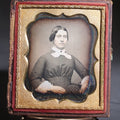 Lot 111 - Antique 1/6th Plate Daguerreotype Photograph In Half Leatherette Union Case, Young Woman In Dark Dress With White Collar And Brooch
