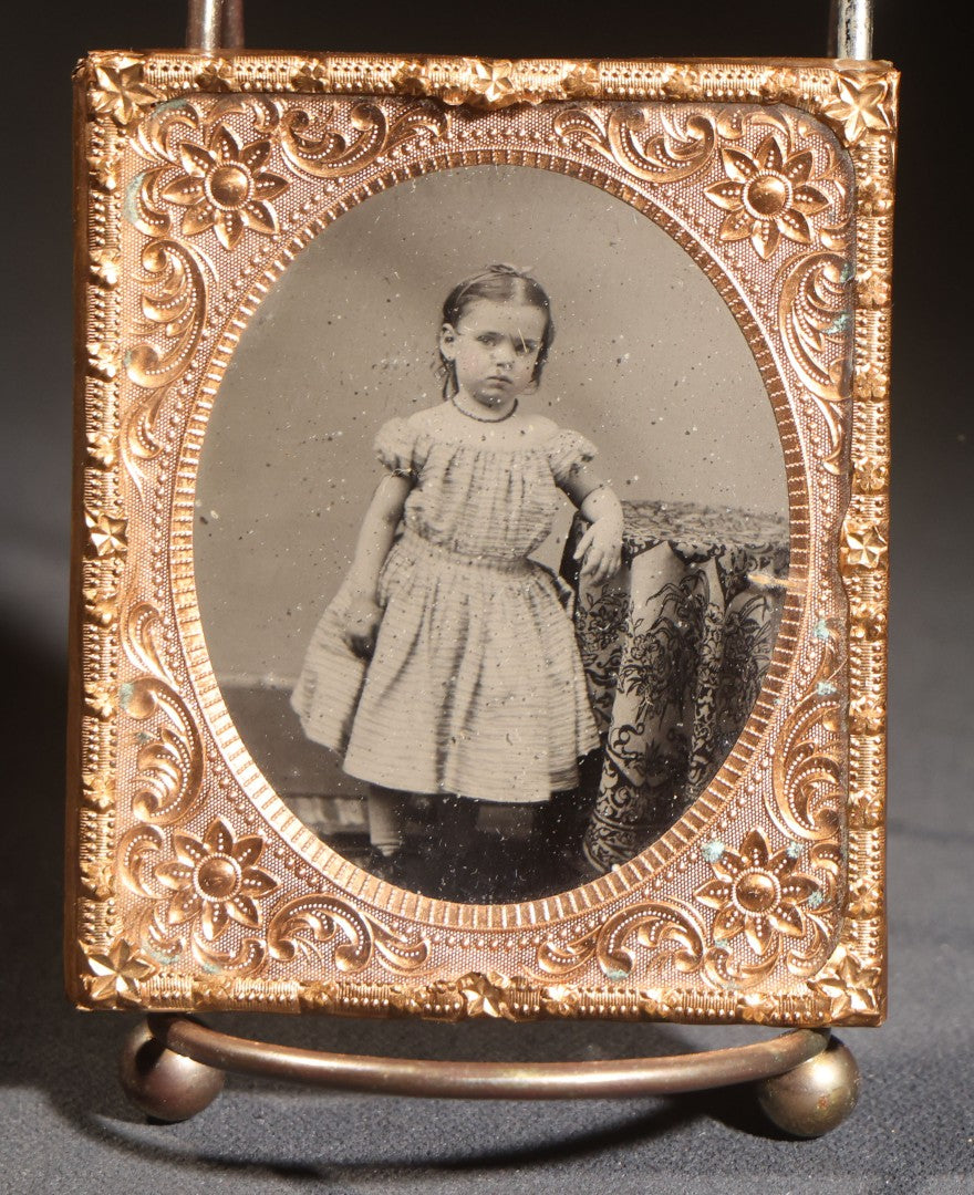 Lot 116 - Trio Of Antique Uncased Photograph Portraits Of Children, 1/6th Plate Ambrotype Of Siblings, 1/9th Plate Tintype Of A Seated Young Girl, And 1/6th Plate Ruby Ambrotype Of A Standing Young Girl, Ornate Brass Mats