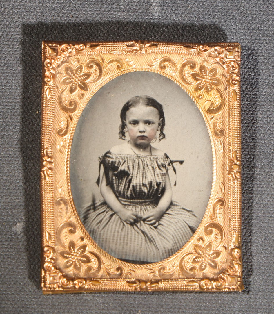 Lot 116 - Trio Of Antique Uncased Photograph Portraits Of Children, 1/6th Plate Ambrotype Of Siblings, 1/9th Plate Tintype Of A Seated Young Girl, And 1/6th Plate Ruby Ambrotype Of A Standing Young Girl, Ornate Brass Mats