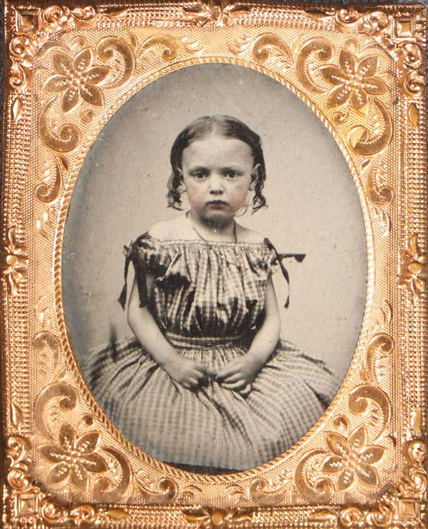 Lot 116 - Trio Of Antique Uncased Photograph Portraits Of Children, 1/6th Plate Ambrotype Of Siblings, 1/9th Plate Tintype Of A Seated Young Girl, And 1/6th Plate Ruby Ambrotype Of A Standing Young Girl, Ornate Brass Mats