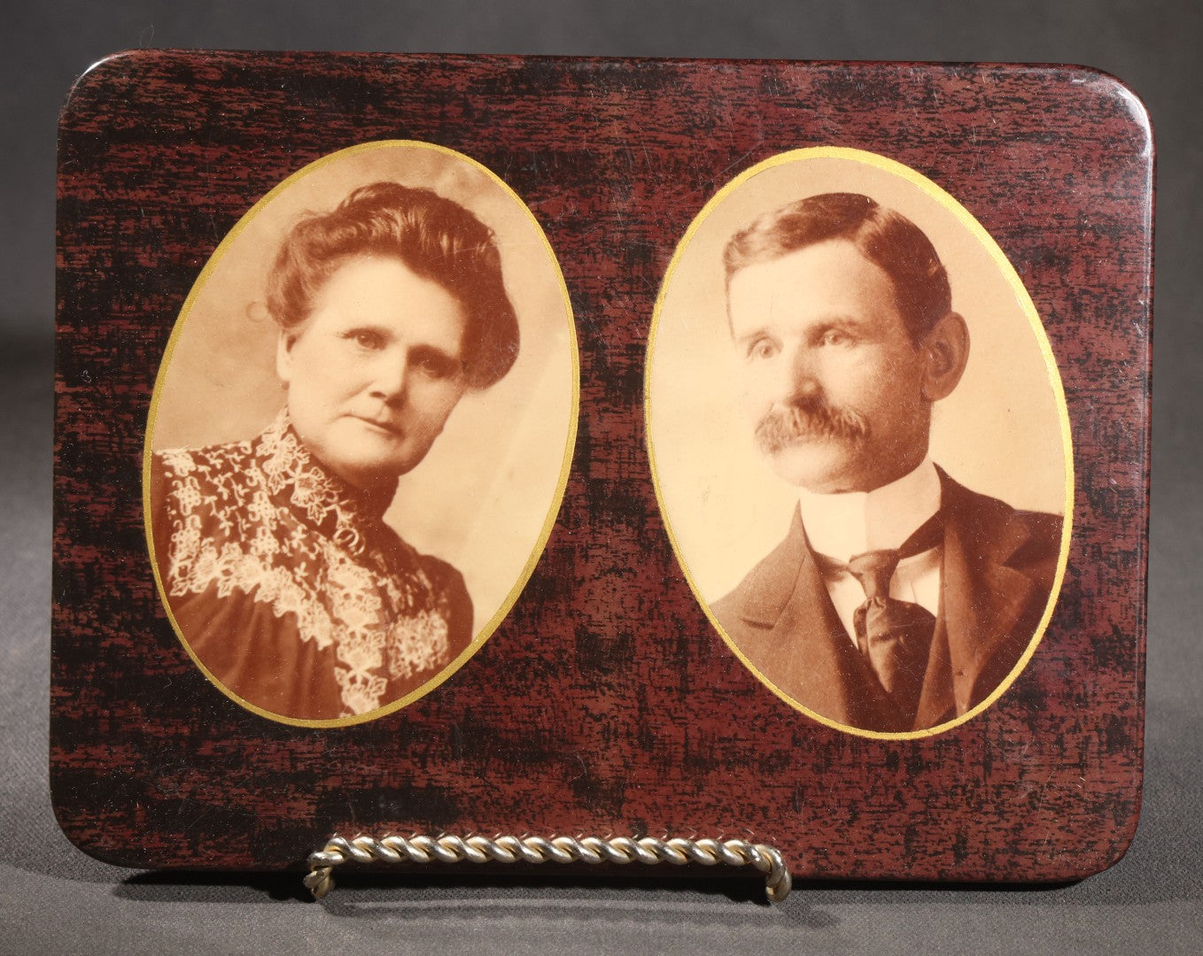 Lot 122 - Pair Of Antique Celluloid Photographic Portrait Buttons, Elderly Woman On Round Button With Tin Back And Married Couple On Rectangular Button With Velvet Back
