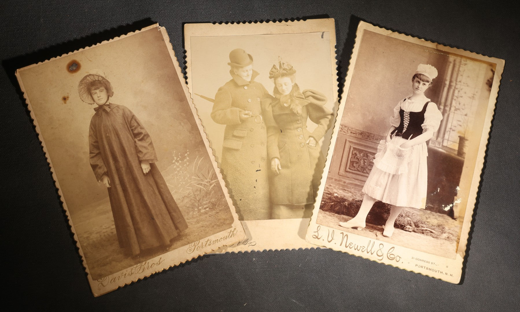 Lot 125 - Trio Of Antique Cabinet Card Costume Portraits, Portsmouth, New Hampshire, Including Cora W. Barnabee As Javotte In "Ermine" (1891), Women In Cross-Dress Costume, And "Old Woman" Costume, Photographed By Davis Bros. And L.V. Newell & Co.