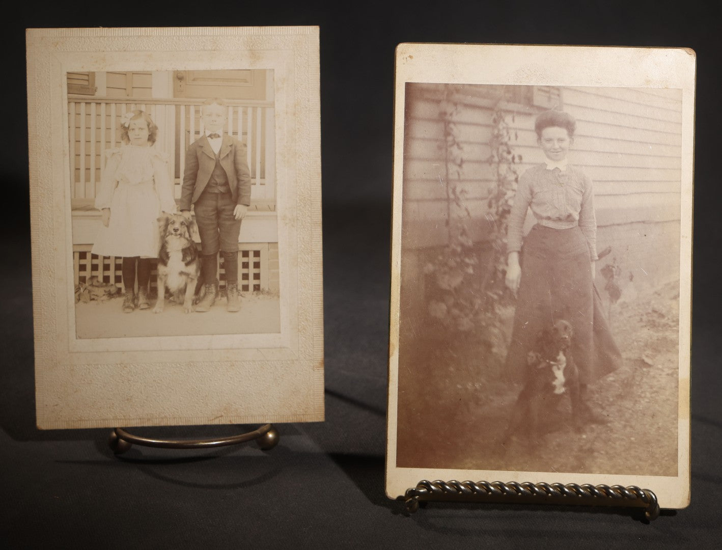Lot 129 - Pair Of Antique Cabinet Card Photographs With Dogs, Young Woman With Black And White Dog Beside A Clapboard House And Two Children With A Collie On A Porch