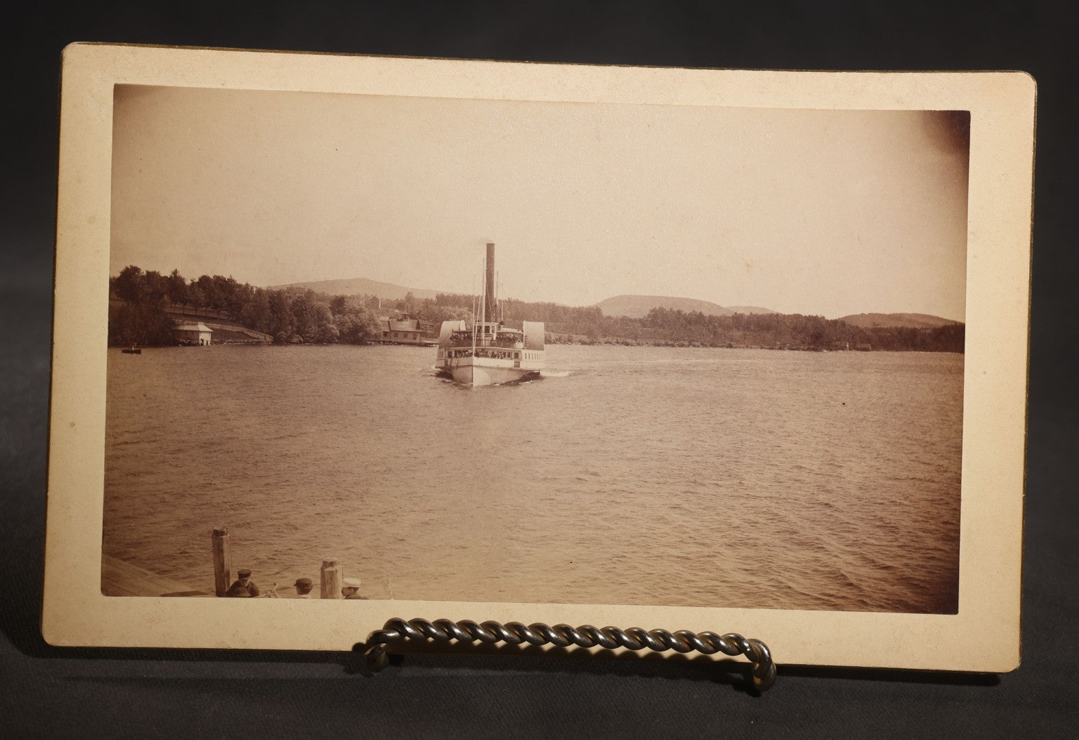 Lot 135 - Antique Board-Mounted Photograph Of The "Lady Of The Lake" Steamboat On Lake Winnipesaukee, New Hampshire, Passengers On Deck, Dock And Mountains In Background
